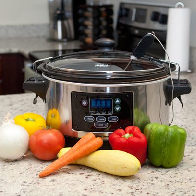 HAMILTON BEACH® Set & Forget® 6-Quart Programmable Slow Cooker - Cook your meals with ease using this stainless steel, 6-quart slow cooker.  Features include programmable cooking times that automatically shift to warm when temperature is reached,thermometer probe that displays actual temperature of meat as it cooks and full-grip handles with clip-tight gasket lid.